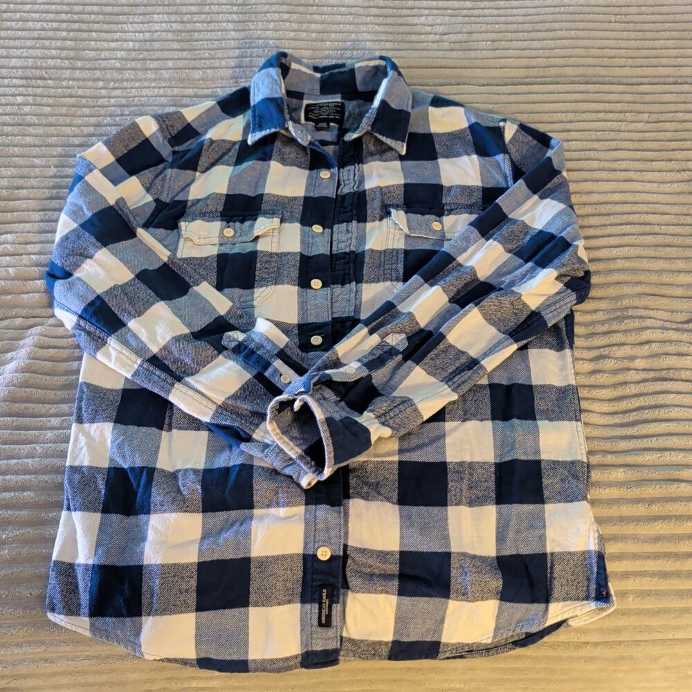 American Eagle Flannel Mens Size LT Blue Wht Plaid Super Soft Button Down Shirt